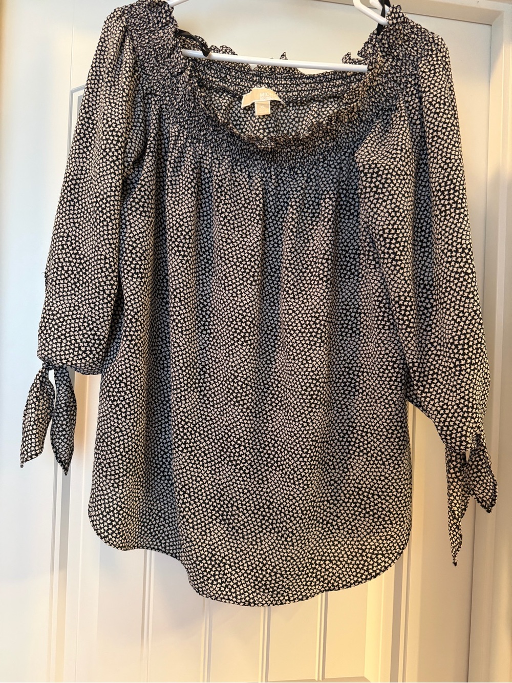 Michael Kors Black and White Smocked Neck Peasant Blouse